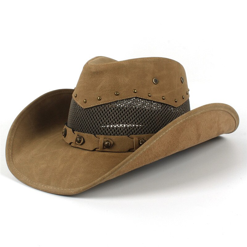 100%  vestlige cowboy hat til læder mænd til far gentleman sombrero hombre jazz caps størrelse 58-59cm: Khaki