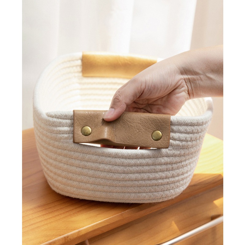 Katoenen touw geweven opbergmand en lederen verwerkingsbureau, opbergmand voor thuis, organisator voor speelgoed opvouwbare cosmetica diversen