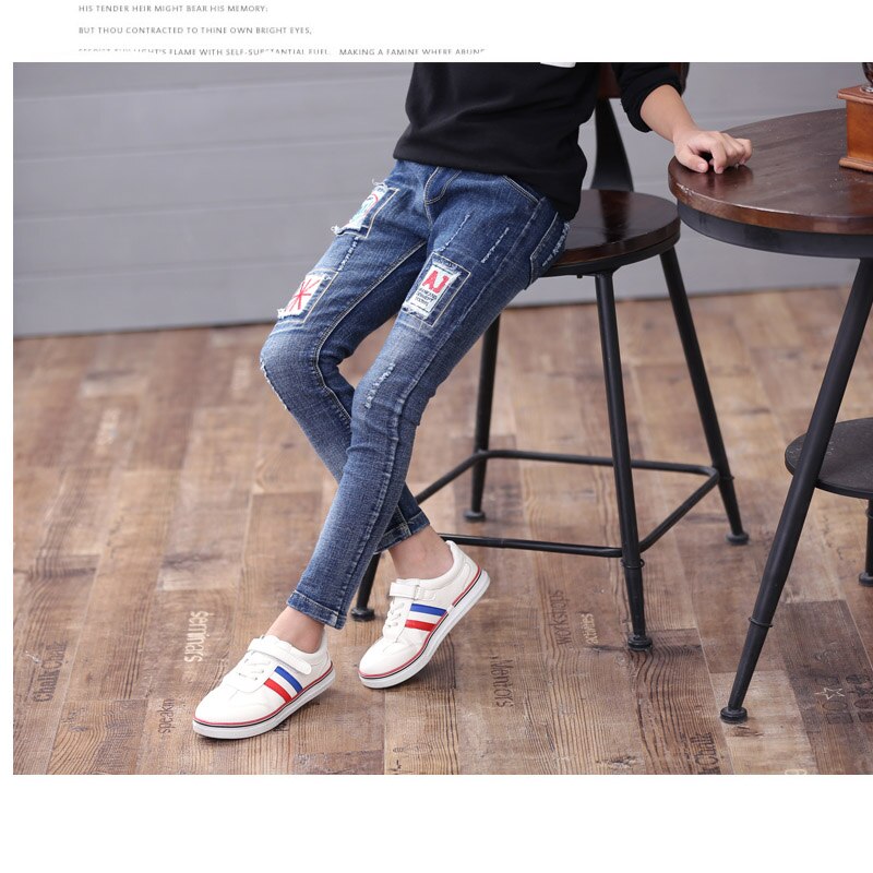 Pantalones vaqueros de cintura elástica para niñas, pantalón largo con parche de personalidad, a la , para Primavera, 4, 8, 10 y 12 años: 8