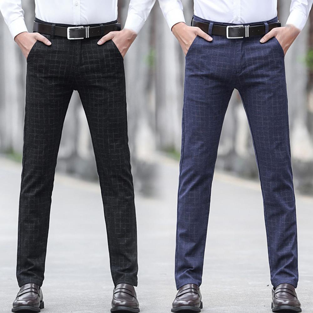 Men Suit Pant Smart Casual Business Autumn Winter Plaid Check Pocket Long Slim Trousers Office Dress Pants