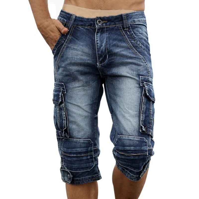 Sommer Vintage Herren Gerade Jeans Mehrere Taschen Fracht Kalb-Länge Denim Shorts Plus Größe Casual Jean Hosen: Light Blue / 34