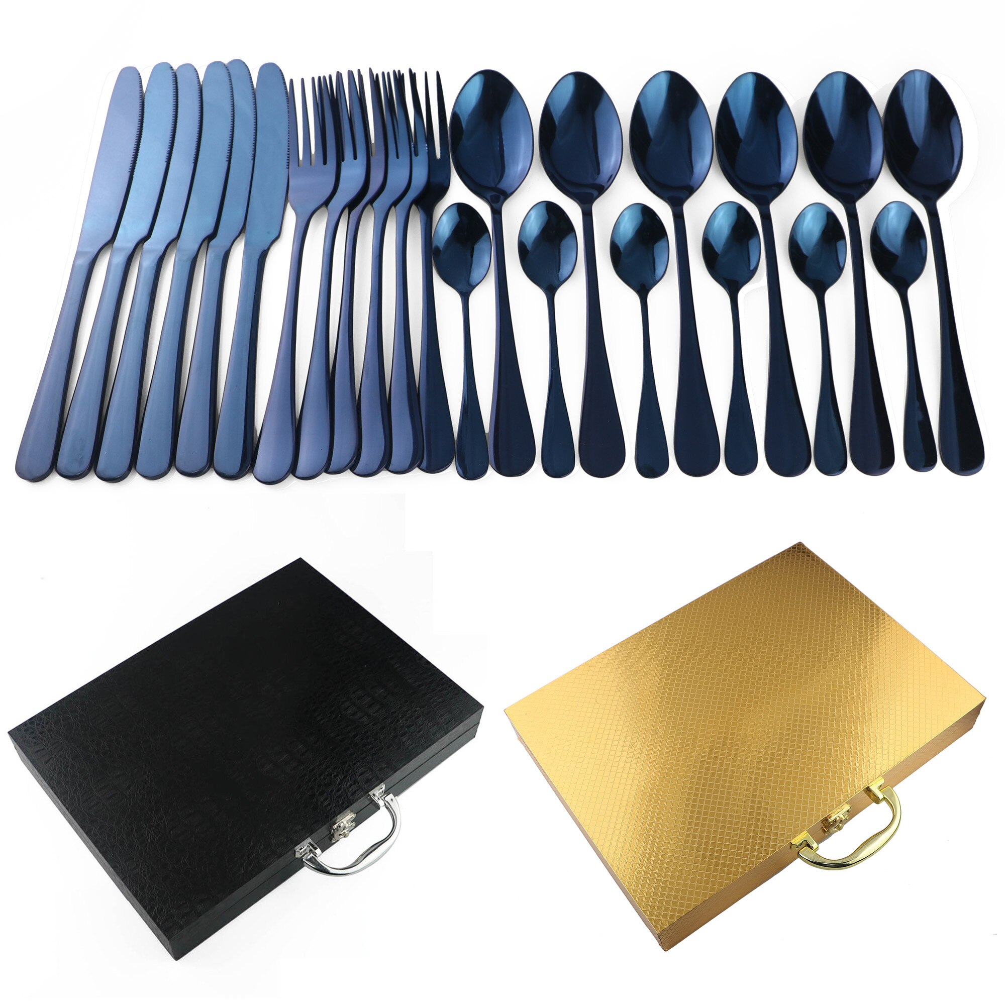 24PCS Noble Blue Stainless Steel Flatware Set Dinnerware Cutlery Set Knife Forks Coffee Spoons Box Black Golden Silverware Set