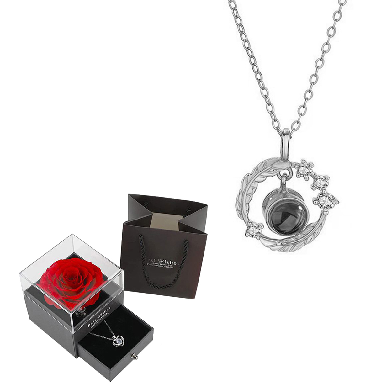 Conjunto de colar de projeção com caixa de presente rosa 100 idiomas eu te amo coração pingente jóias 2024 para presentes namorada dropshipping: Imitação de ródio chapeado