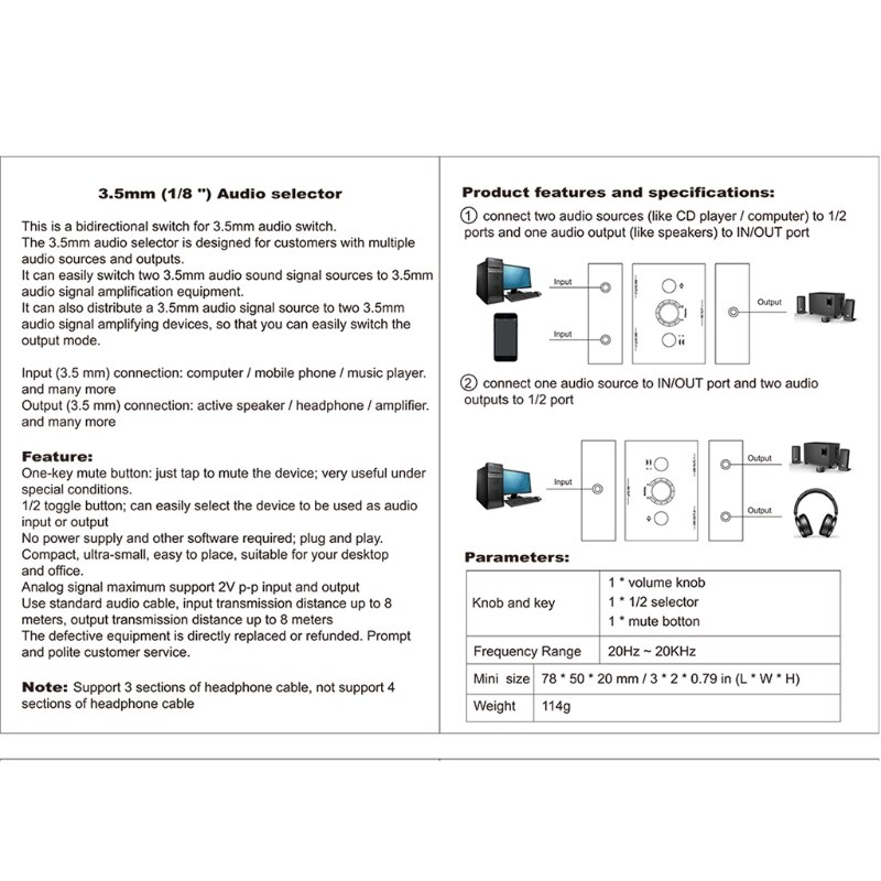 H052 Stereo Audio Switch Audio Switcher 2 Input 1 Output / 1 Input 2 Out Audio Sharing Active Speakers and Headphones