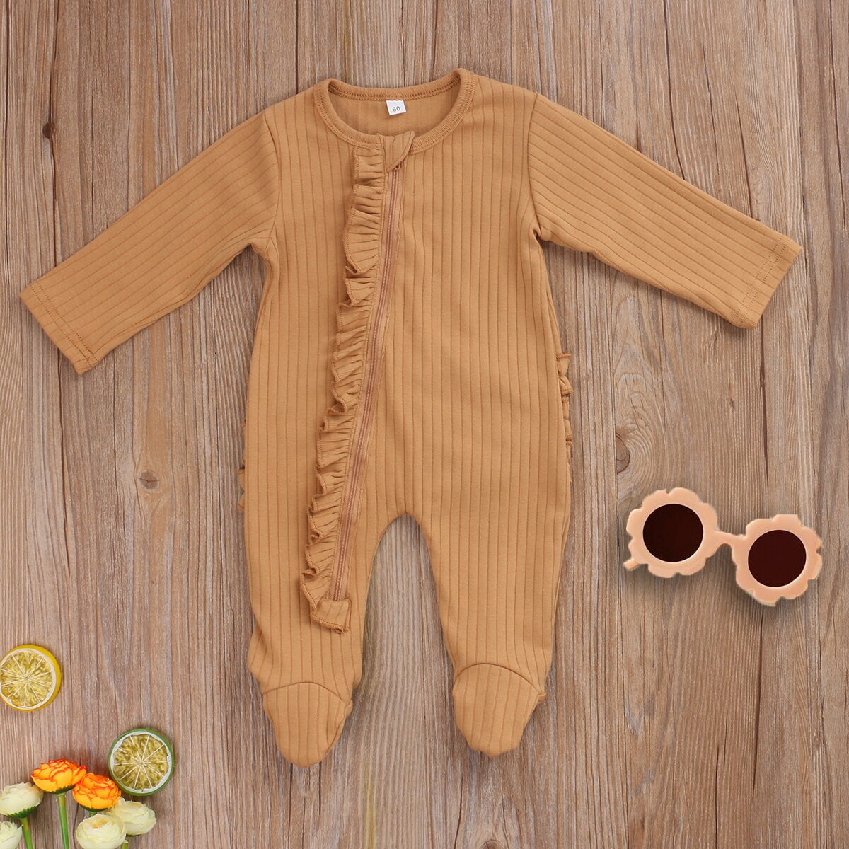 Manta para dormir para bebés y niños recién nacidos, ropa de dormir cálida de manga larga con cremallera y volantes, color sólido, de 0 a 6 meses, para otoño