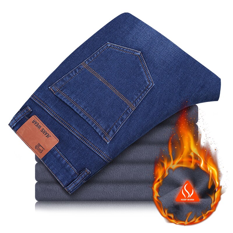 Warm Velvet Jean Trousers Flocking Warm Soft Men Pants Warm Fleece Jeans Mens Winter High Quality40 42 44 Large Size