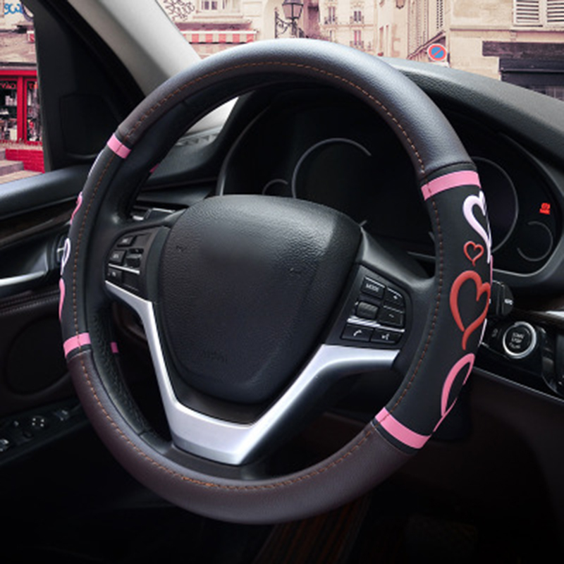 Cartoon Heart Steering Wheel Covers Microfeiber Leather Car Accessories For Girls Black Pink Cute Steering-Wheel Handle Cases