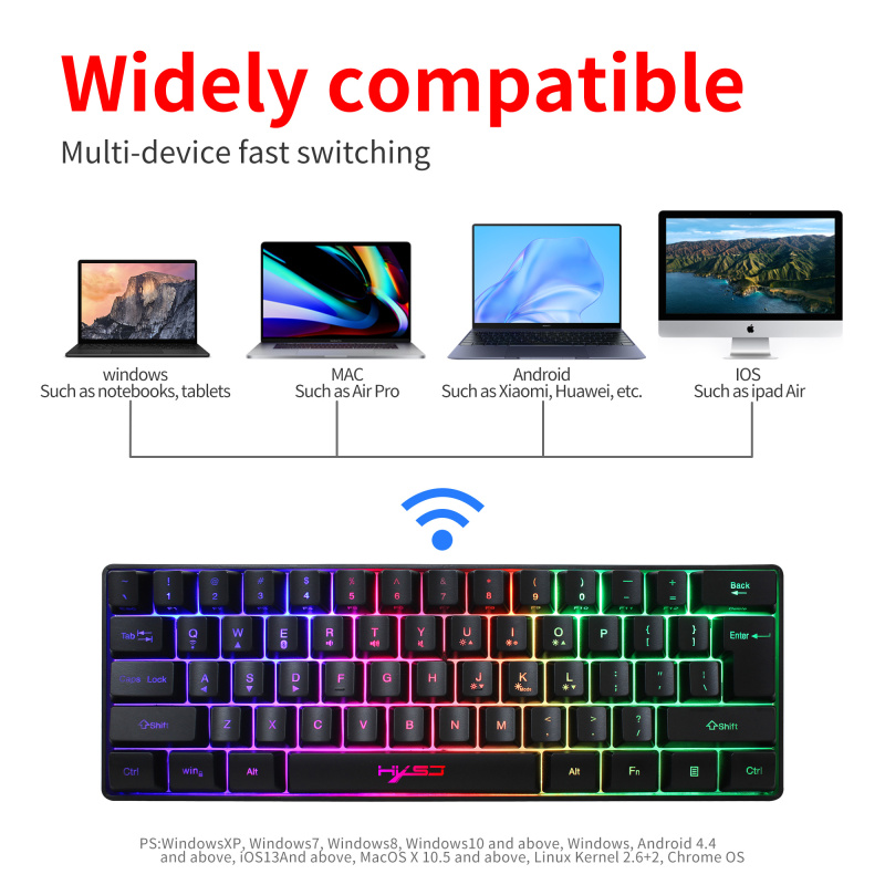 Wireless Gaming Keyboard 2200mAh LED Backlit Mini 61 Keys Keyboard with Bluetooth 5.1&amp;2.4G Wireless Dual Modes Compact Layout