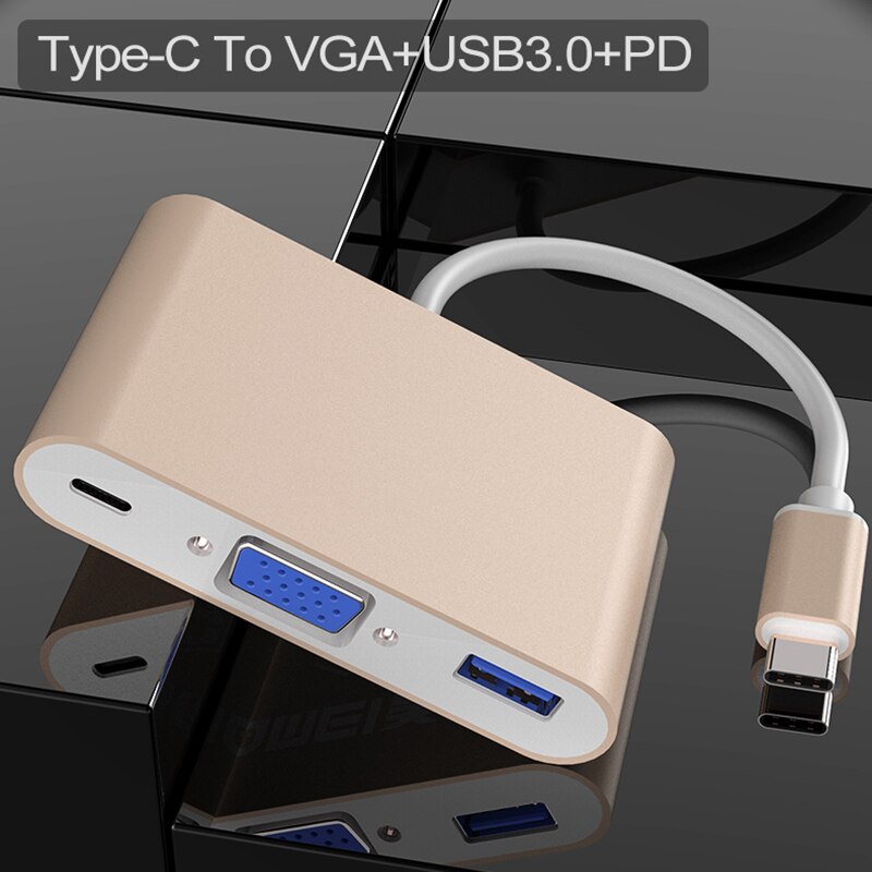Type c til vga usb 3.0 pd 3- i -1 thunderbolt type c hub  to 4k vga usb adapter med type-c strøm til bærbar computer