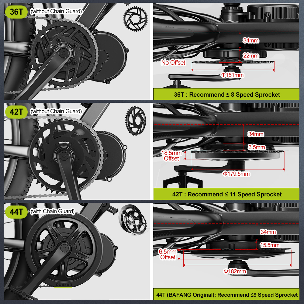 Bafang BBS01 BBS02 Electric Bike Chain Wheel Replacement Chainring Guard 44T 46T 48T 52T Chain Teeth for BBS01B BBS02B Motor