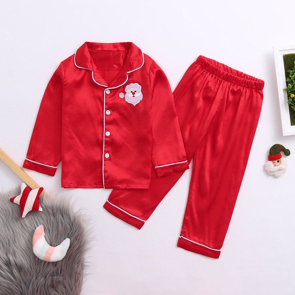 Toddler Baby Boys Girls Christmas Santa Print Pajamas Outfits Infant Kid Long Sleeve Tops Pants Nightwear Sleepwear Sets