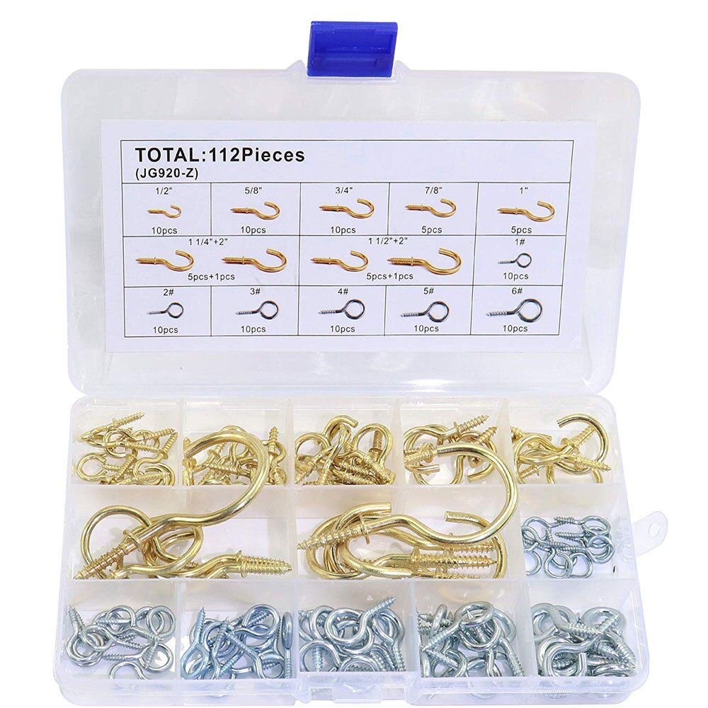IZTOSS Eye Bolts Screw Hooks and Brass Plated Ceiling Screw Cup Hooks Hangers, Assortment 15 Sizes, 112 Pieces