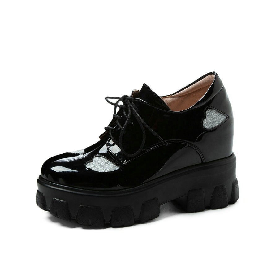 QUTAA 2021 PU lakierki klinowe szpilki na co dzień kobiety buty platformy wiosenno-jesienne zasznurować eleganckie damskie pompy rozmiar 34-43