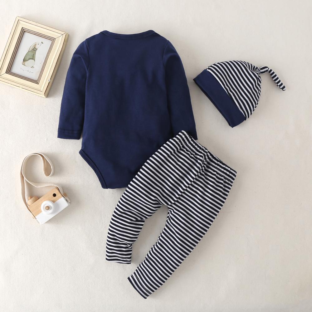 Baby boy kläder 3- delar baby hello world print bodysuit och randiga byxor med hatt baby kläder set