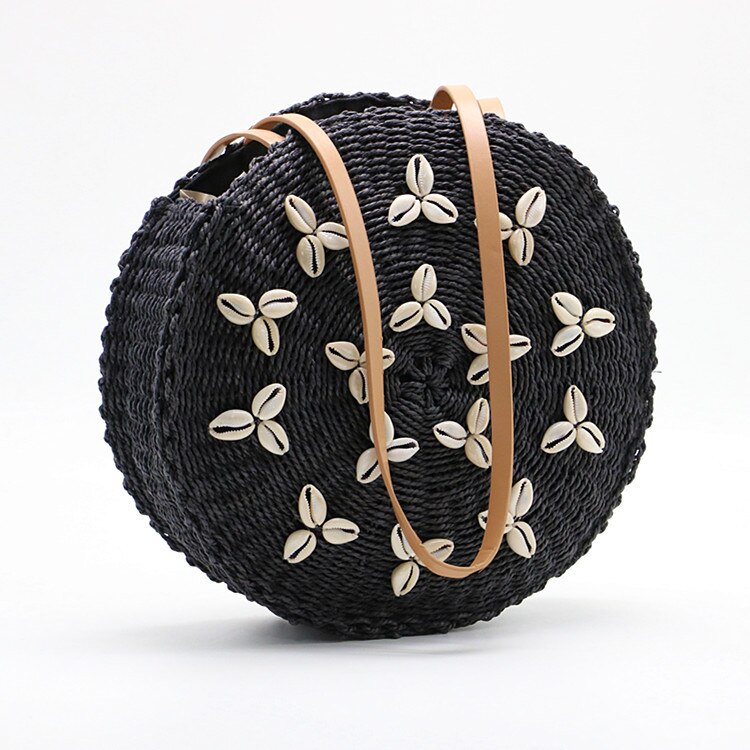 Sac de plage en paille ronde sac à bandoulière fait main en coquille tissée d'été pour filles, cercle en rotin tressé détail sac avec fermeture à glissière: black
