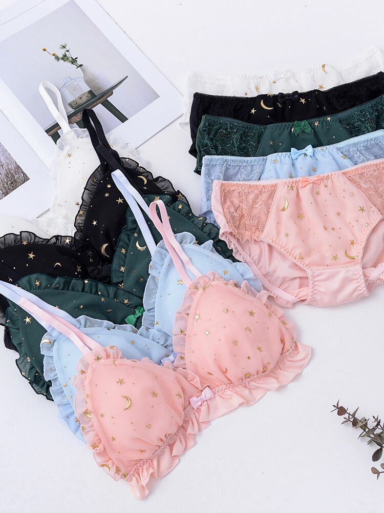 Japanese Womens Sweet Star Print No rims Bra & Briefs Sets Lolita Bowknot Ruffle Underwear Sets Breathable Teen Girls Bra Sets