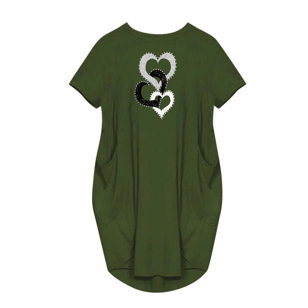 Vestido con bolsillo estampado en forma de corazón para mujer, ropa informal de manga corta con cuello redondo para primavera y verano: S / Verde militar