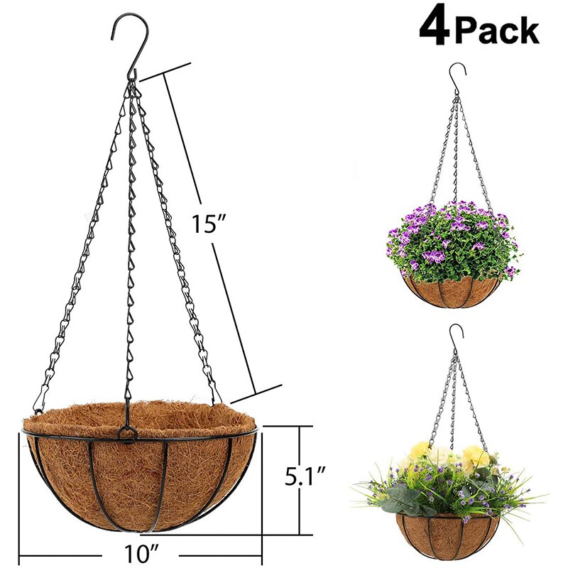 Pots de fleurs suspendus adaptés aux plantes d'intérieur et d'extérieur, en métal avec support doublé de coquille de noix de coco