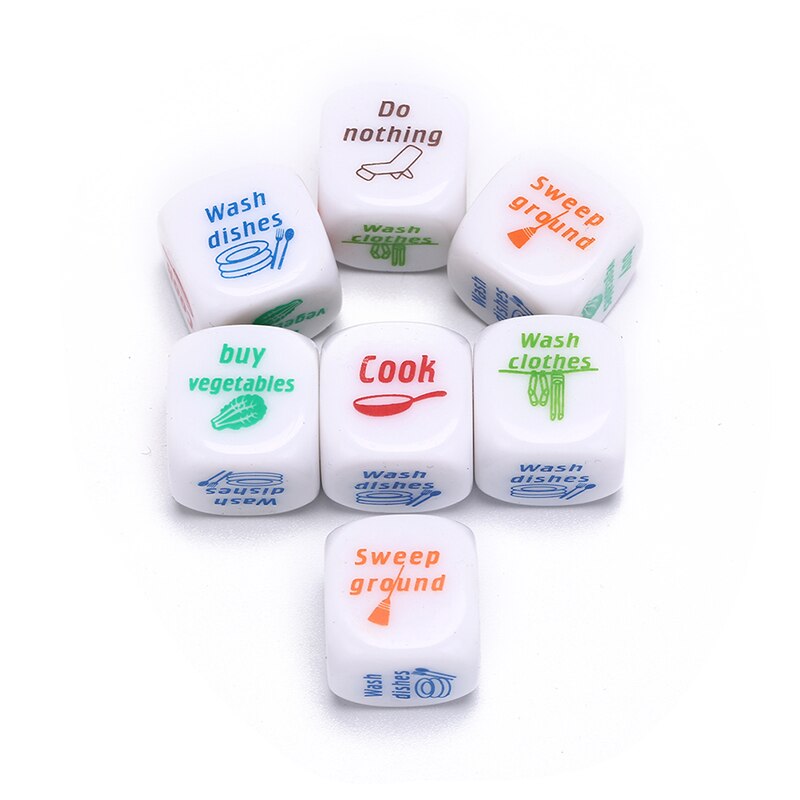 7 unids/set 20mm casa de misión dados lavar la ropa cocinar comprar verduras lavar los platos no hacer nada barrer suelo dados