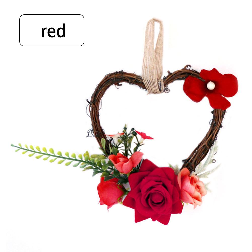 Kunstige guirlander rattan hjerteformede guirlander simulation blomster vægkunst hængende til bryllup hjem dekoration: Rød
