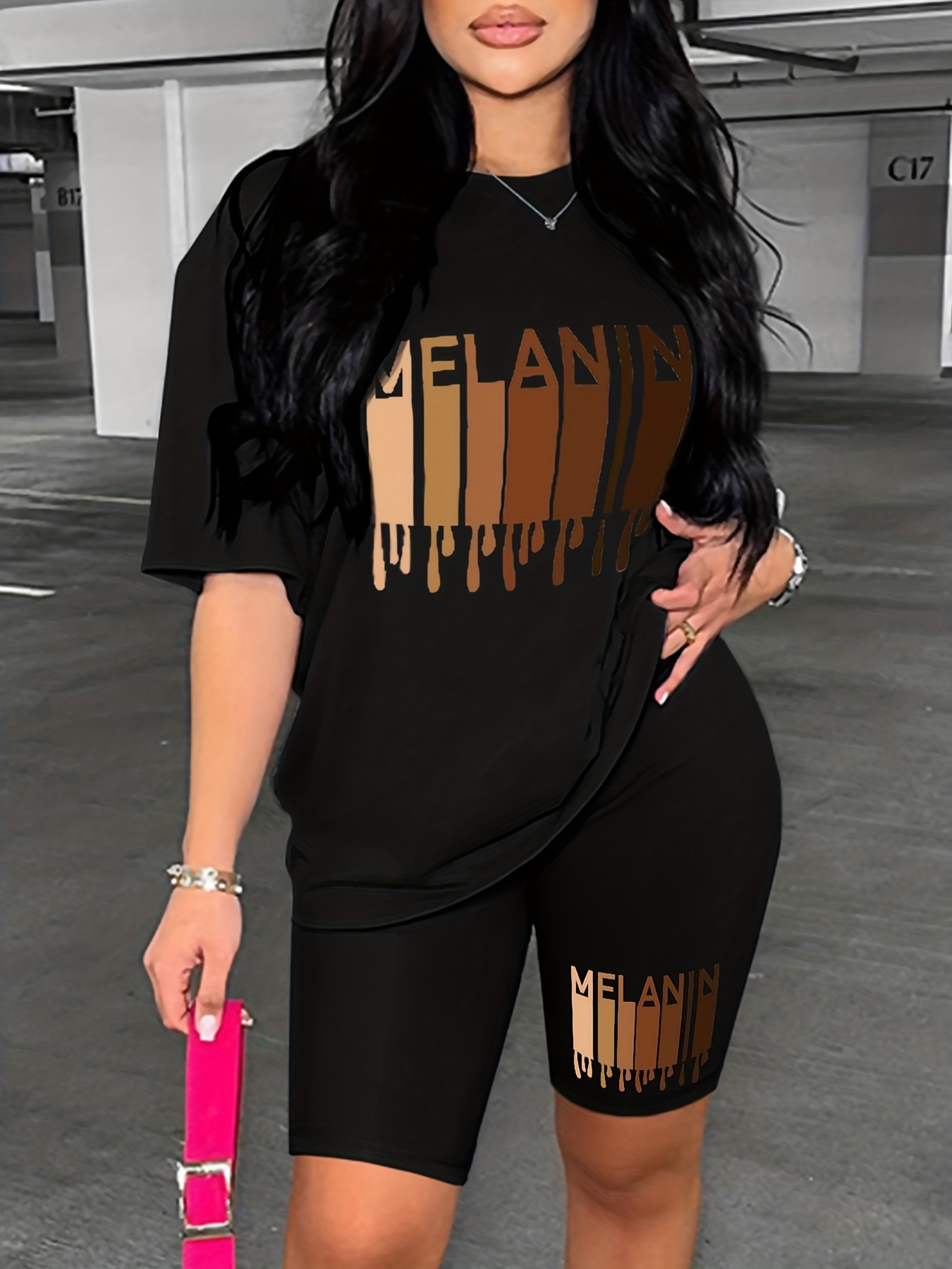 Conjunto informal holgado de dos piezas de manga corta para mujer, camiseta gráfica, camisetas informales de verano para mujer y niña, ropa de calle Sho: S / Negro