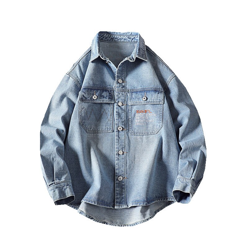 Fashionable men's denim shirt long-sleeved large size cotton denim cardigan casual slim-fit shirt men's two pockets clothes 5XL