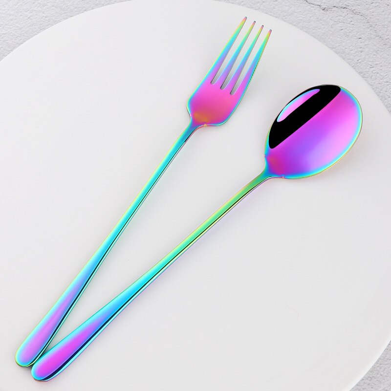 Colher de sobremesa em aço inoxidável, 2 paredes, garfo de sobremesa, dourado, alça longa, para sopa, salada, utensílios de café, prata, imperdível: Rainbow 2pcs