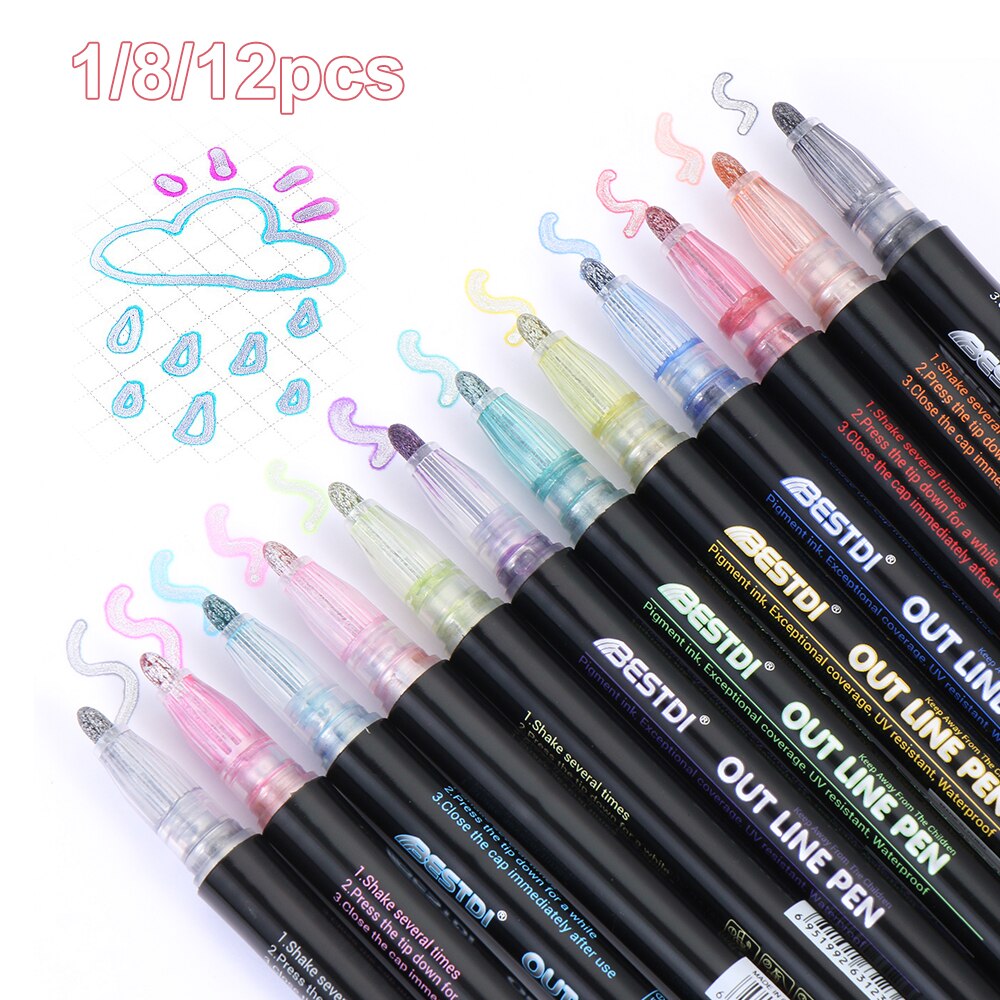 Metallic Double Lines Pen Art Markers Pen Contour Pen Highlighter Pen Stationery for Kids Painting Doodling School Art Supplies