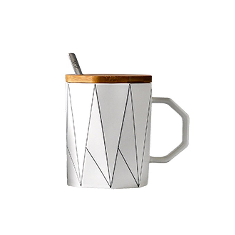 Taza geométrica mate creativa con tapa de bambú, cuchara de metal, tazas de cerámica de línea, para microondas Vaso de Leche, artículos para beber para el hogar y la Oficina, 400ml: 03