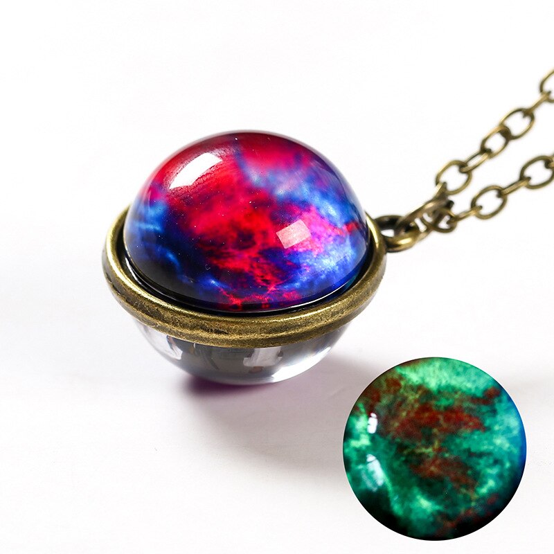 Handmade Universe Star Ball Pendant Necklace Double Sided Glass Ball Glowing Pendant Gold Chain Luminous Planet Jewelry Unisex