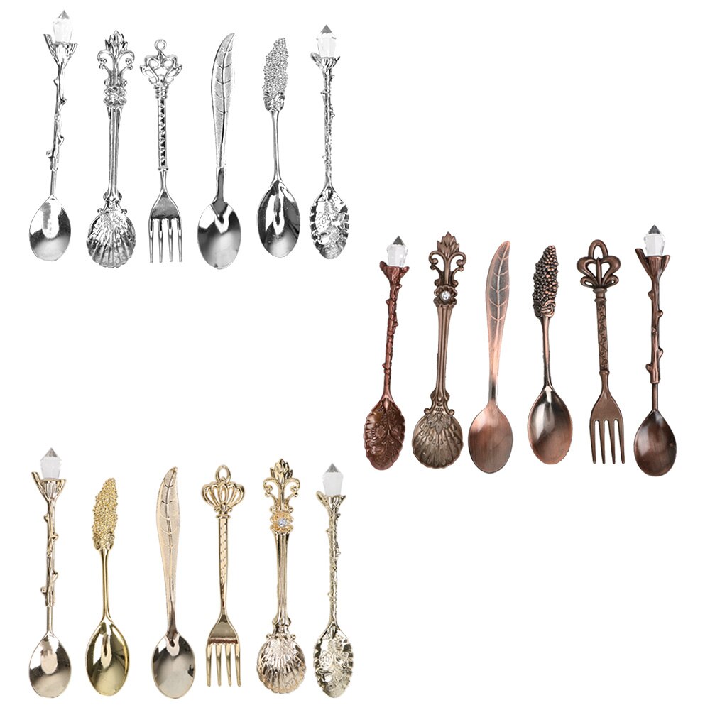 HOOMIN 6 unids/set estilo real clásico cuchara y tenedor de té de café de postre de leche de fruta flor tallada de la cuchara conjuntos