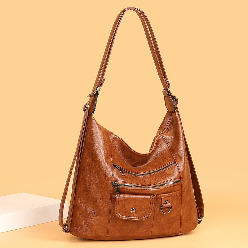 Straddle shoulder bag women's large-capacity mature retro multi-pocket soft leather mother bag: Brown