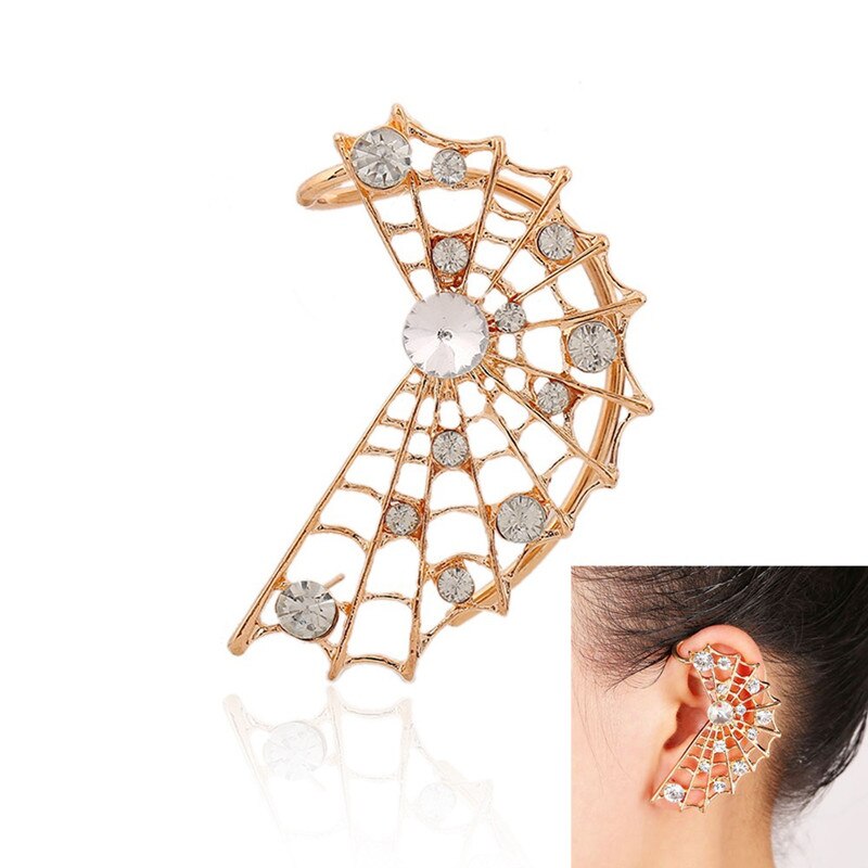 LUKENI Jewelry Punk Spider Web Hollow Ear Cuff Earring Jackets Rhinestone Earrings For Women And Men EJ014: Golden