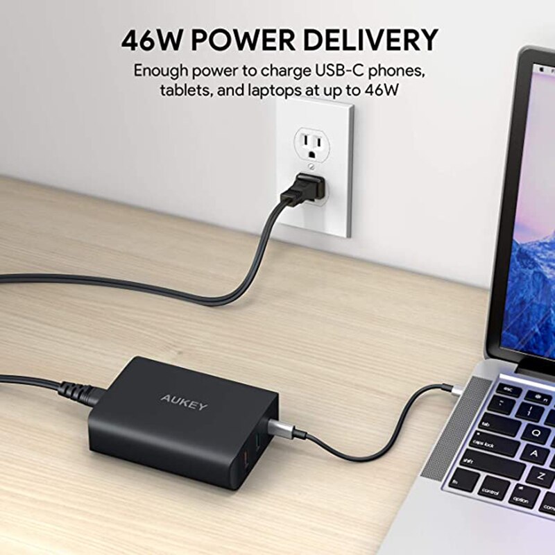 Aukey 74.5W 3-Port Laadstation Usb C Lader Met 46W Pd 3.0 & 18W qc 3.0 Met Ac Kabel Mobiele Telefoon Charer Adapter