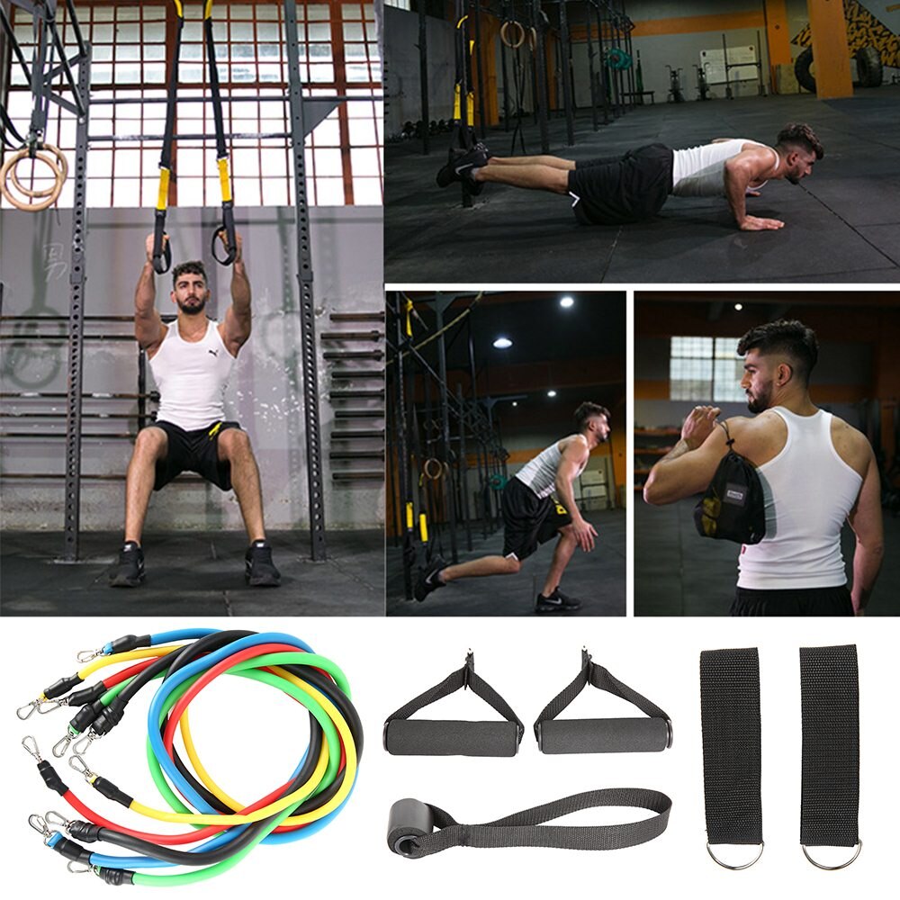 11 stk / sæt latex modstandsbånd træning træningsyoga rør træk reb gummi ekspander elastikbånd fitness med taske