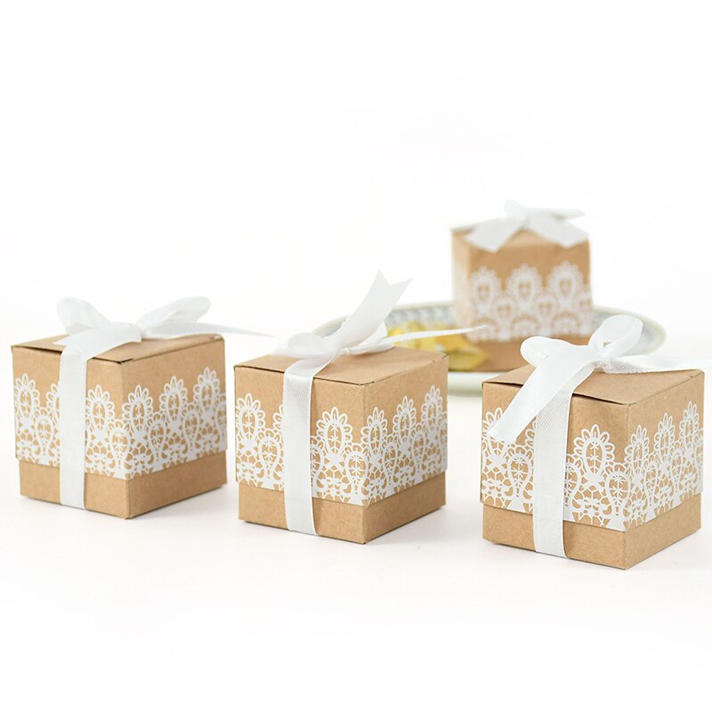 Caja con lazo de encaje para dulces, caja de papel Kraft con cintas, caja de de cumpleaños y boda, 10 piezas
