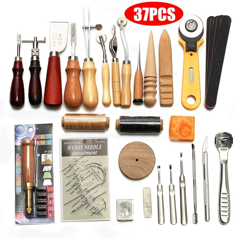 Leather Craft Tools Kit Home Hand Sewing Stitching Punch Carving Work Saddle Leathercraft Accessories: 37 Pcs