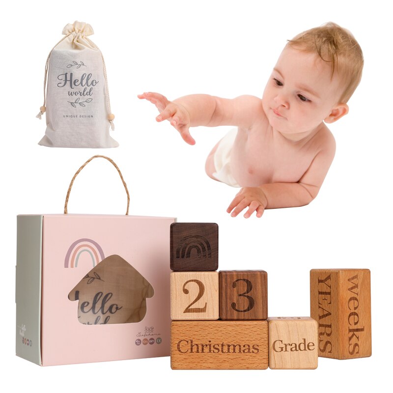 Baby Milestone Kaarten Houten Blok Met Box Set Baby Fotografie Milestone Gedenkteken Maandelijkse Pasgeboren Fotografie Rekwisieten Set