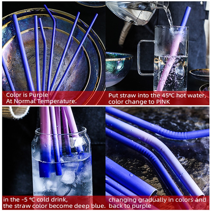 Genanvendelige drikkestråler i metal 304 rustfrit stål temperaturfølsomt farverigt halm med rengøringsbørste fest tilbehør