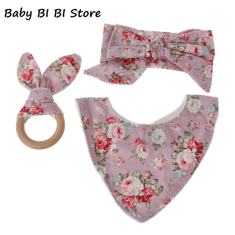 3 Pcs Baby Kaninchen Ohren Baumwolle Mischung + Holz Beißring Baumwolle Lätzchen Stirnband Infant Speichel Handtuch Pflege Set Fütterung Bib: A