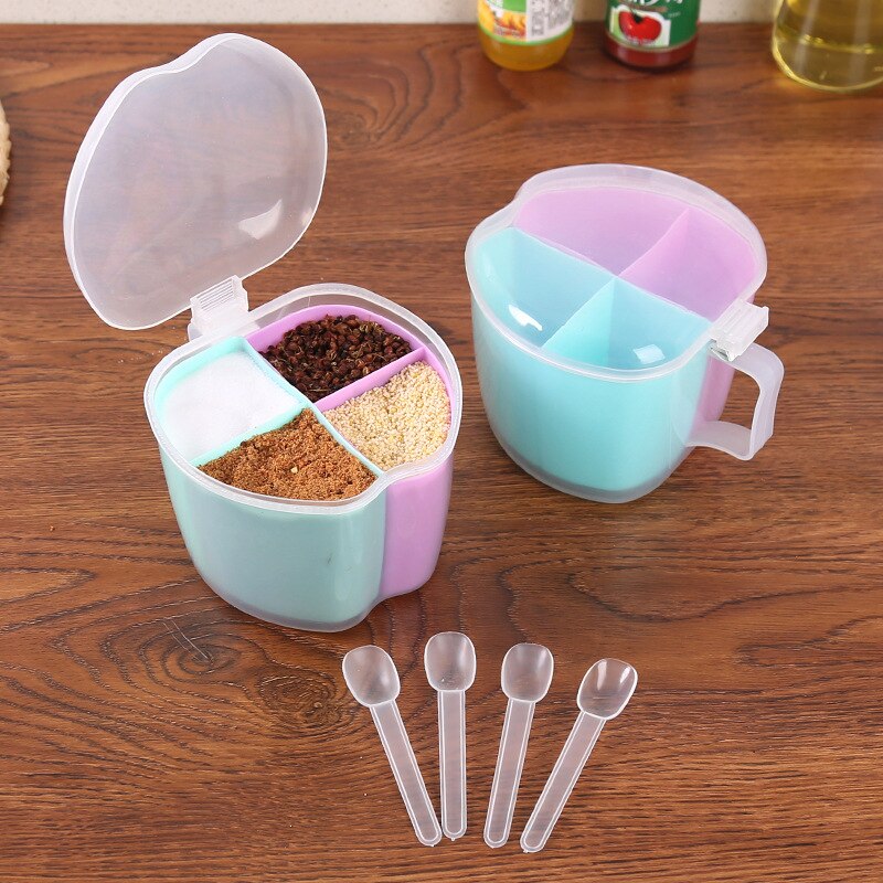 Cute Multi-grid tarro de especias sazonador caja creativa multiusos cocina transparente especias sal pimienta cuchara redonda botellas de almacenamiento