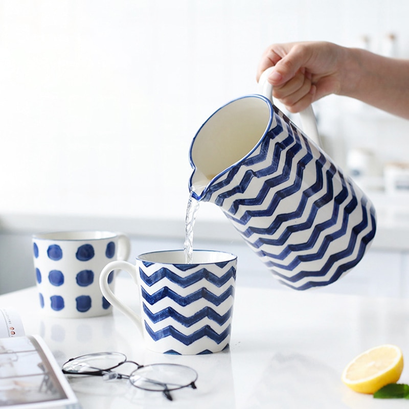 Pichet à eau en céramique bleu 1,5 l, bouteille de jus de thé au lait, Pot d&#39;eau de cuisine domestique, bouilloire, tasse, Pot d&#39;eau pour micro-ondes