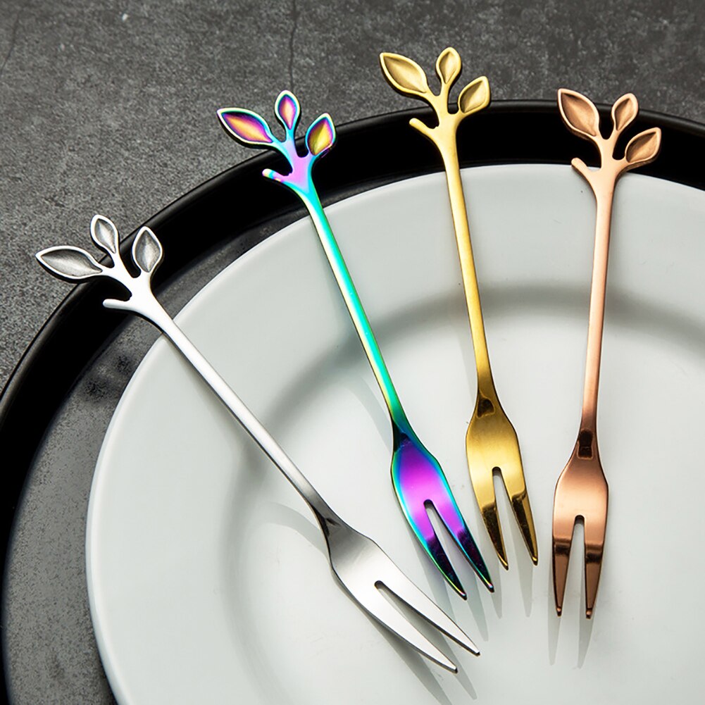 Tenedor para fruta de hoja de acero inoxidable, cuchara para mezclar café no tóxica, tenedores de cocina para fruta, cubiertos