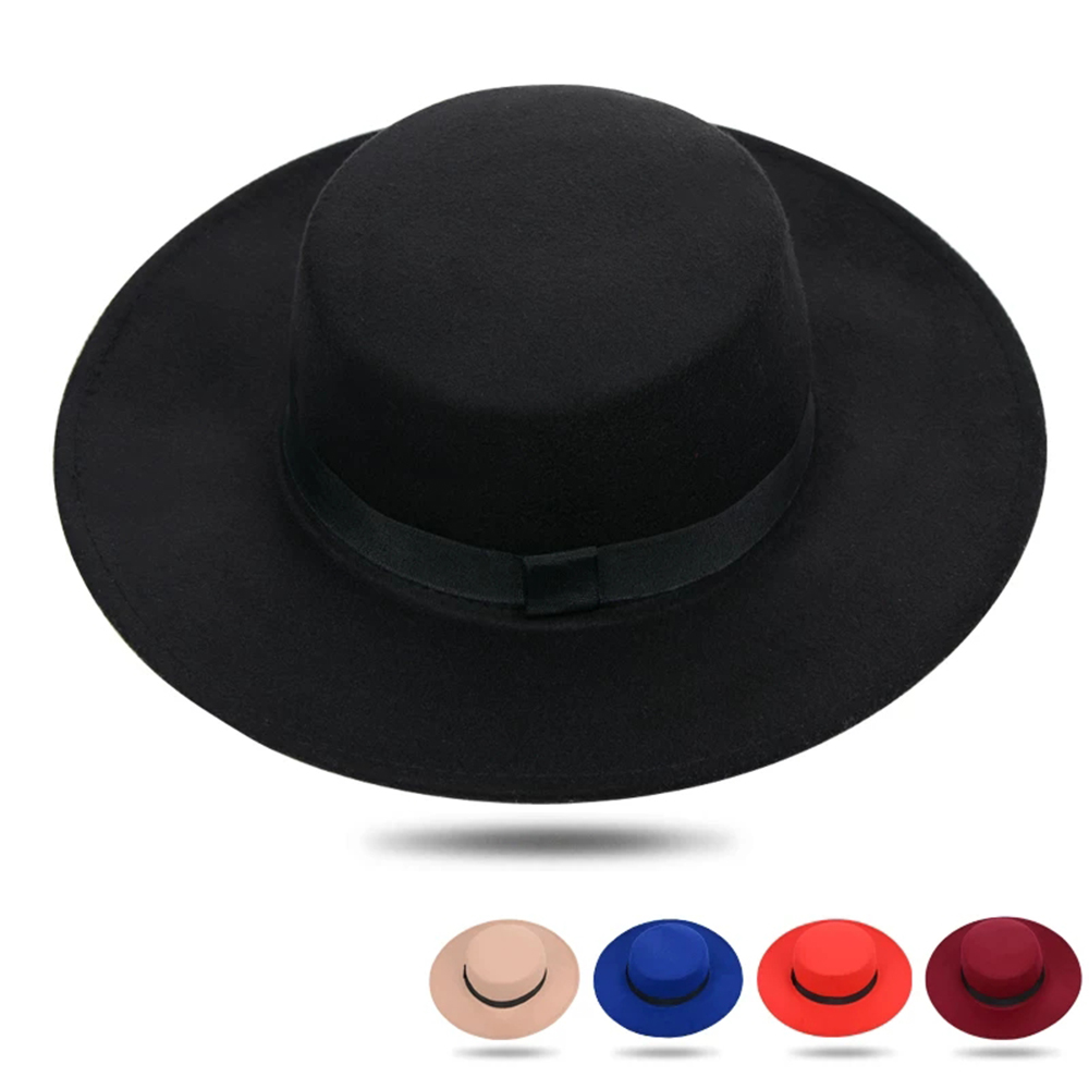 Klassisk ensfarvet filt fedoras hat bælte til mænd kvinder blanding jazz kasket bred skygge enkel kirke derby flad top hat mujer