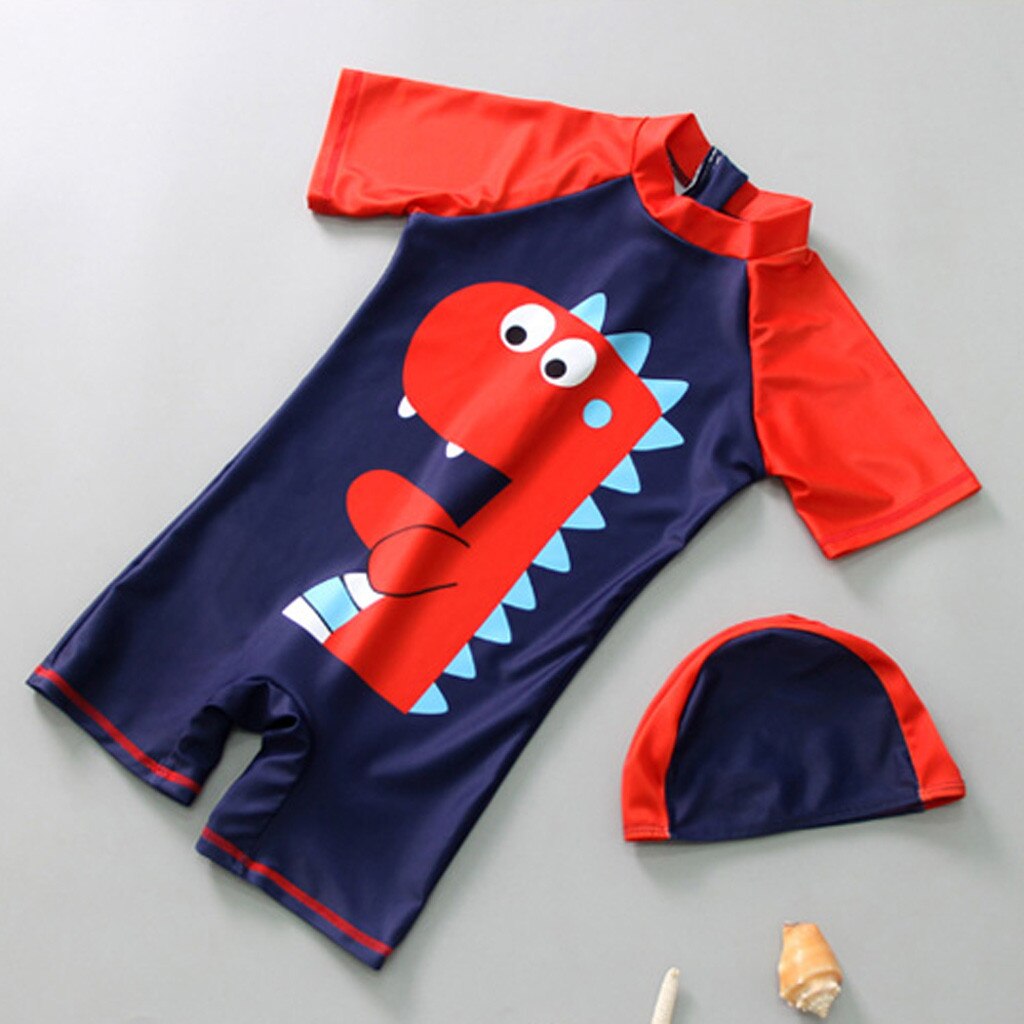 Niños traje de baño Niño bebé manga corta dinosaurio baño piscina playa traje de baño + gorra conjunto de dibujos animados dinosa niños traje de baño