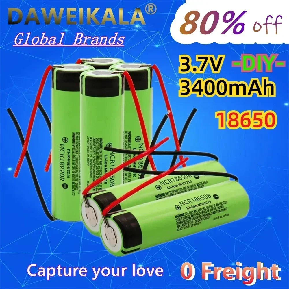 18650 battery 3400mAh 3.7V lithium battery NCR18650B 3400mah suitable for flashlight battery+DIY wire assembly
