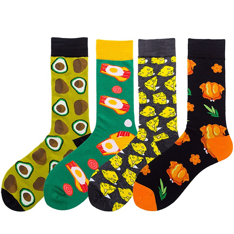 1 par Otoño Invierno divertido Unisex hombres arte calcetines algodón dibujos animados Animal queso ratón pájaro cerveza sello geométrico novedad divertida calcetines