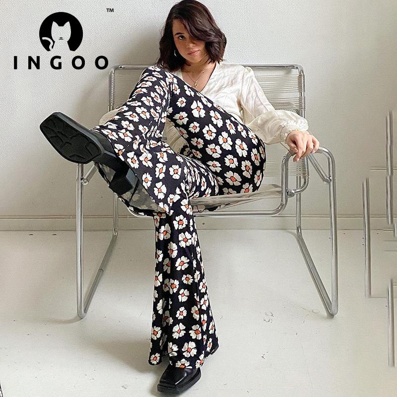 Ingoo vintage lange bukser med brede ben til kvinder multifarvet trykt højtaljet taske hoftebukser  y2k afslappede street outfits