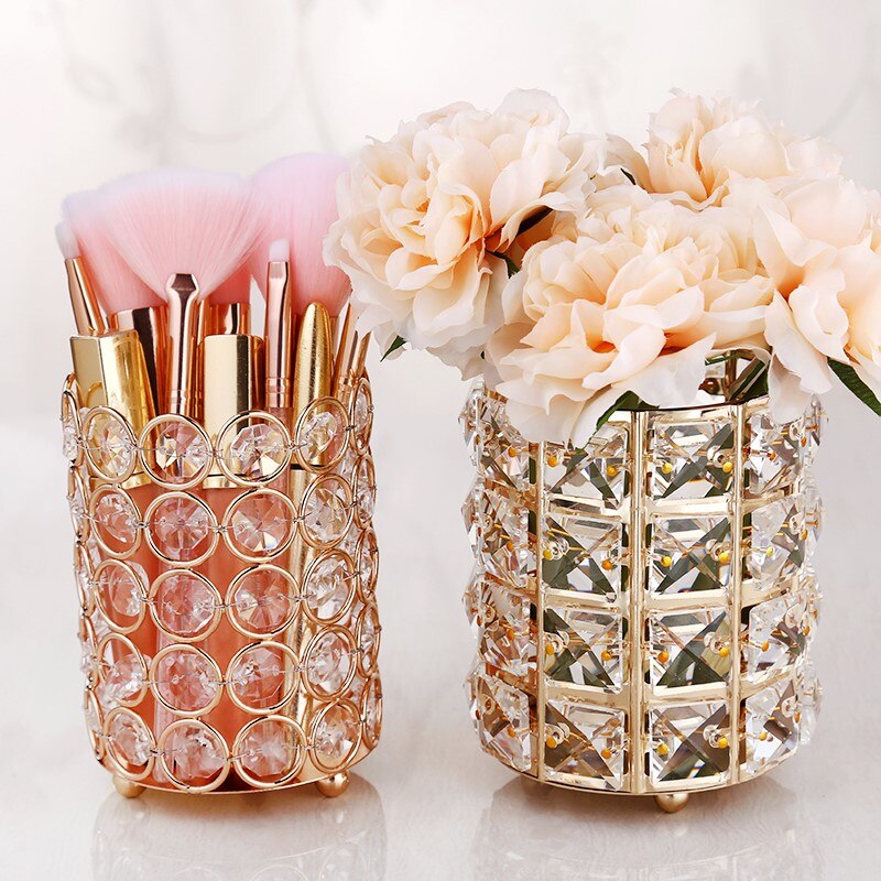 Porte-crayon en cristal de Style européen, porte-stylo de bureau, porte-brosse de maquillage cosmétique, conteneur d'eyeliner en or