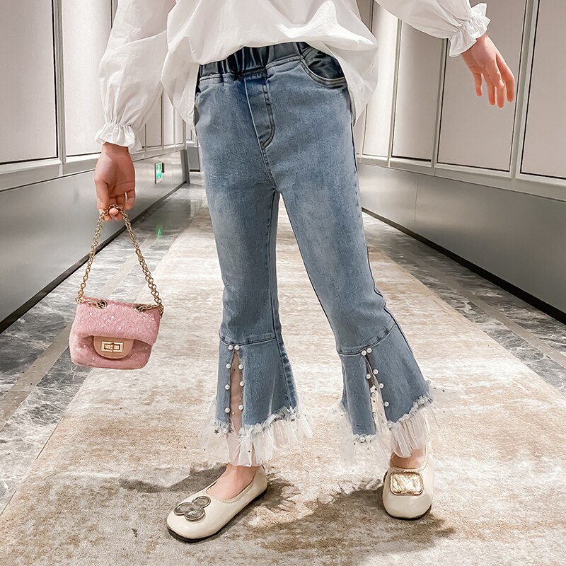 Jeans Slim en dentelle pour filles, jean épissé avec fente, pantalon évasé en Denim avec perles, vêtements pour adolescentes de 4 5 6 7 8 10 12 14 ans,